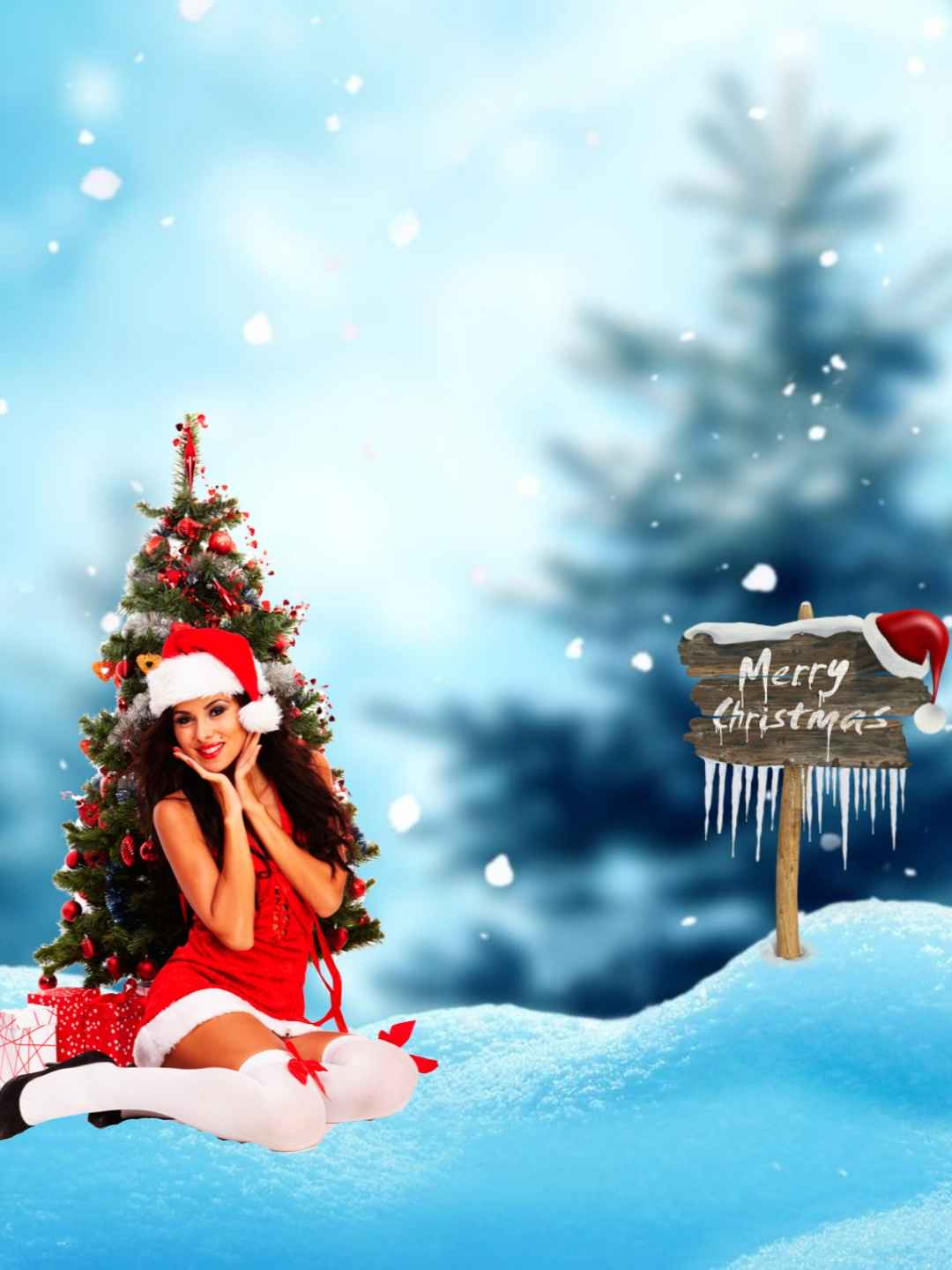Christmas Tree With Girl Background For CB Editing