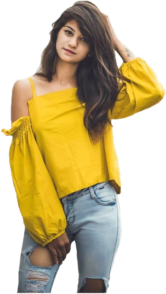 Yellow Top and blue jeans girl PNG image